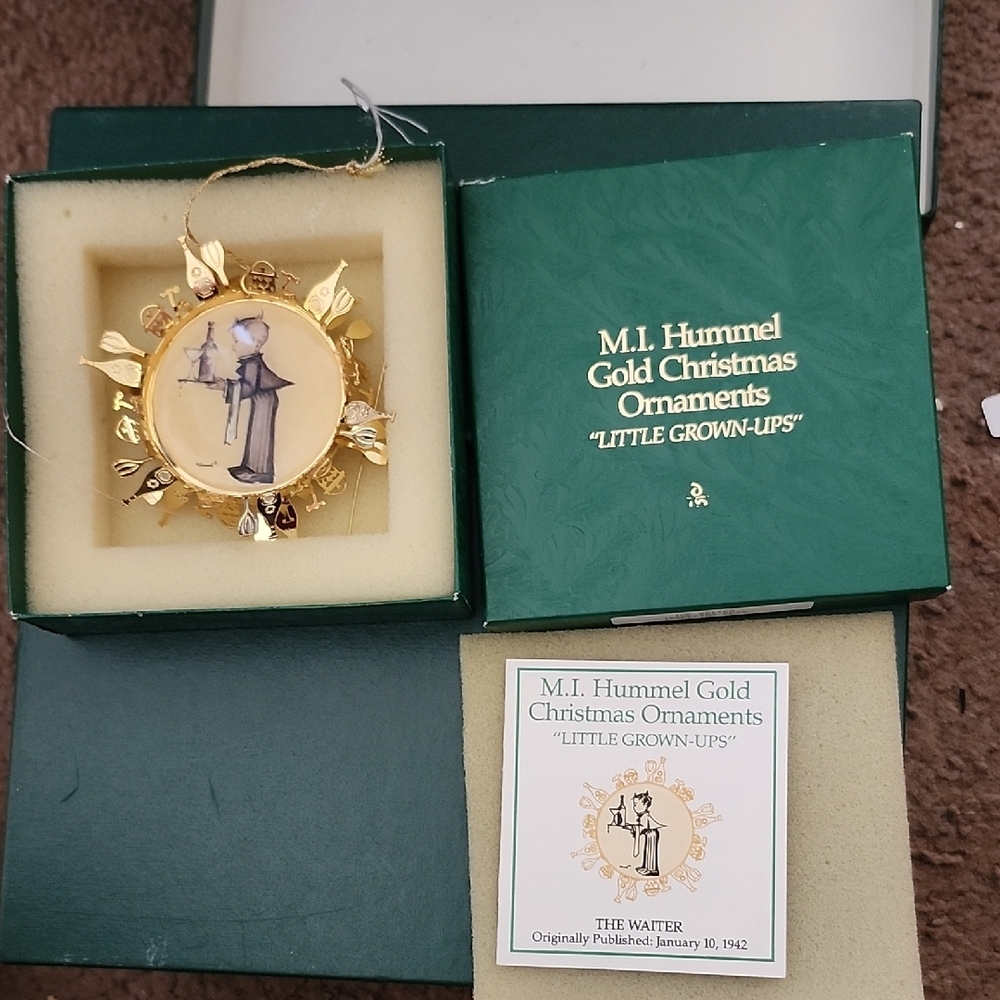 M.I. Hummel Little Grown-Ups Gold Christmas Ornament The Waiter w/ Box & Insert